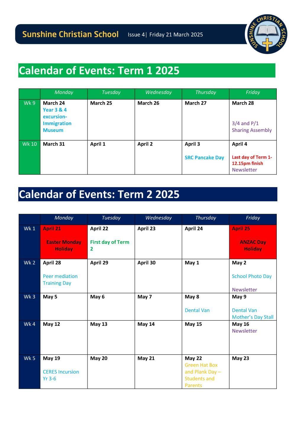 Calendar Events Term 1, Week 6